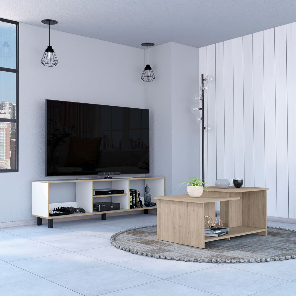 Rack TV + Mesa de Centro Wema Color Nomik Rovere y Blanco Para Sala De Estar